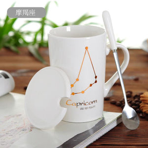 Zodiac Constellation Mug with Stainless Spoon Mugs LanBeiJia Official Store Capricorn White 