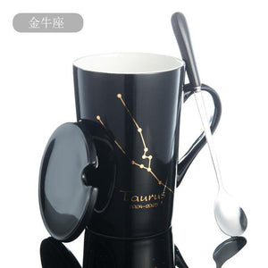 Zodiac Constellation Mug with Stainless Spoon Mugs LanBeiJia Official Store Taurus Black 